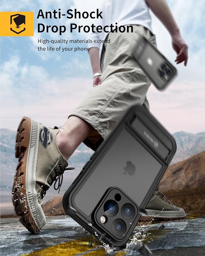 Lanhiem for iPhone 14 Pro Max Case with Kickstand, IP68 Waterproof Dustproof Built-in Screen Protector, Full Body Shockproof Protective Cover for iPhone 14 Pro Max, 6.7 Inch (Black)