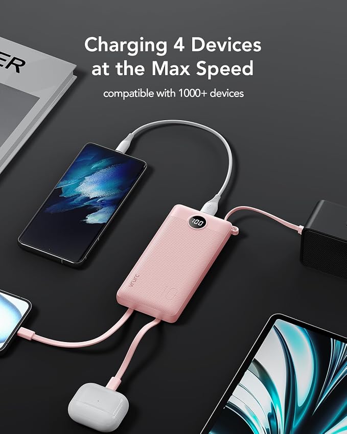 VRURC 22.5W 10000mAh Fast Charging Power Bank Built‑in 4 Cables | Portable Charger Slim,Travel Battery Pack for iPhone, Samsung & Multi Devices, Pocket‑Friendly with Lanyard-Pink(1 Pack)