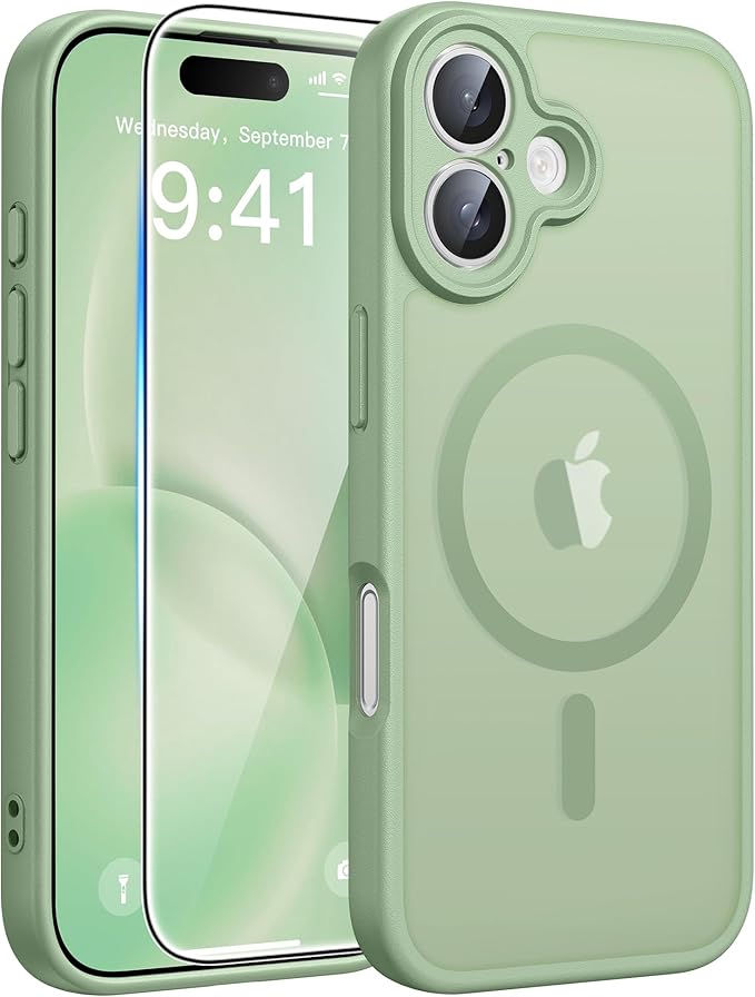 FNTCASE for iPhone 16 Case: [Compatible with Magsafe] Translucent Matte Cases with [Full Camera Protection] [Screen Protector] Military Grade Shockproof Protective Phone Cover - Light Moss