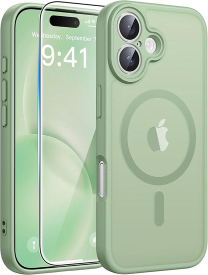 FNTCASE for iPhone 16 Case: [Compatible with Magsafe] Translucent Matte Cases with [Full Camera Protection] [Screen Protector] Military Grade Shockproof Protective Phone Cover - Light Moss