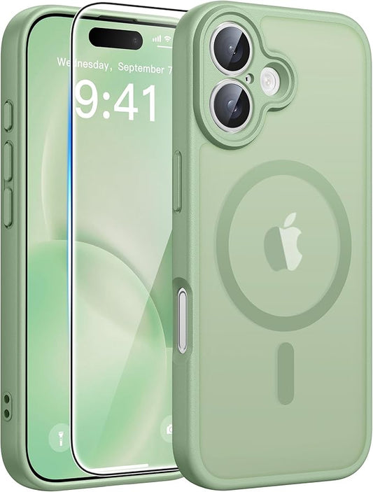 FNTCASE for iPhone 16 Case: [Compatible with Magsafe] Translucent Matte Cases with [Full Camera Protection] [Screen Protector] Military Grade Shockproof Protective Phone Cover - Light Moss