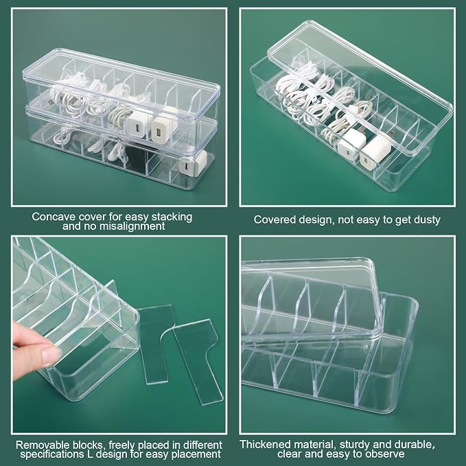 ProSuites Cable Organizer Box with Lid, 5 Pcs Clear Cord Storage Organizer with 50 Cable Ties 108 Cable Labels, Charger Organizer for Office Desk Drawer Organizers and Accessories