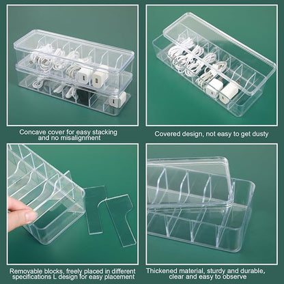 ProSuites Cable Organizer Box with Lid, 3 Pcs Clear Cord Storage Organizer with 30 Cable Ties 62 Cable Labels, Charger Organizer for Office Desk Drawer Organizers and Accessories