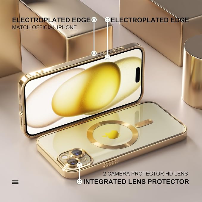 Misea Magnetic for iPhone 15 Case Compatible with MagSafe [Never Yellowing] [Military Grade Drop Protection] Full Camera Lens Protector Plating Soft Clear Phone Case for Women, Gold