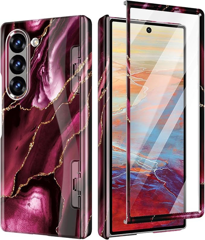 Btscase for Samsung Galaxy Z Fold 6 Case,Built in Front Screen Protector,Gold Glitter Marble Pattern Hard PC Slim Shockproof Full Body Drop Protective Case for Galaxy Z Fold 6 5G, Wine Red