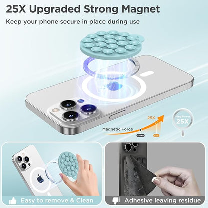 Magnetic Suction Cup Phone Mount, Compatible with MagSafe, Silicone Octo Cup Buddy Sticky Grip Holder for iPhone and Android, Removable Hands-Free Selfie/Video for TikTok, Light Cyan