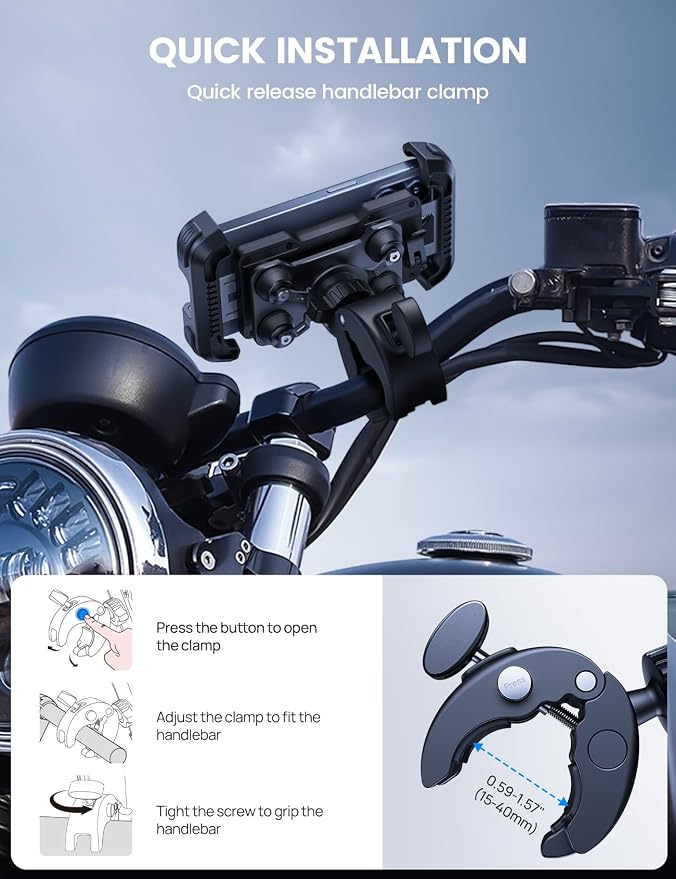Lamicall Motorcycle Phone Mount Holder - [Dual Vibration Dampener] [Upgrade Handlebar Clip] Motorcycle Cell Phone Holder, Bike Phone Mount, Gifts for iPhone 16 15 14 Pro Max, 4.7-6.7" Phones, Black