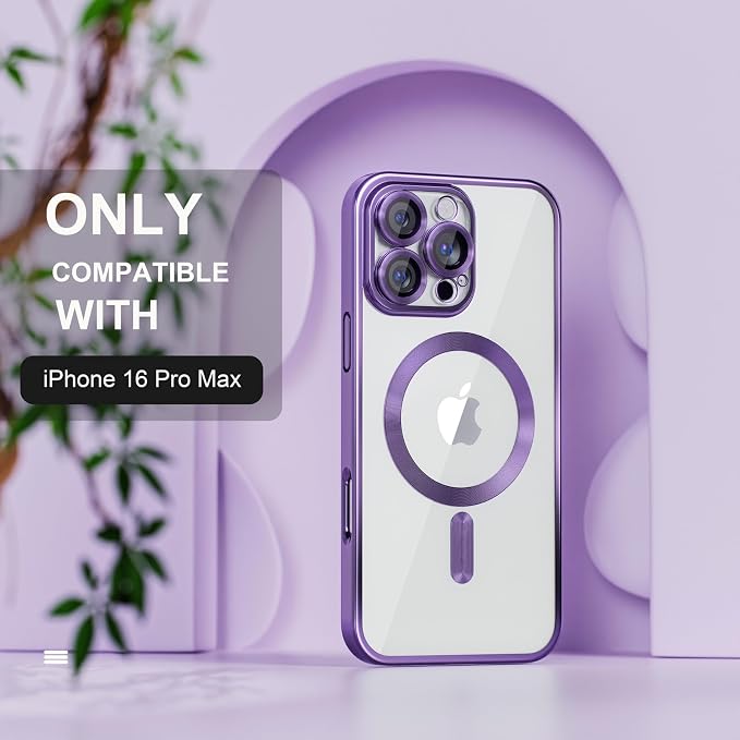 Misea Magnetic for iPhone 16 Pro Max Case Compatible with MagSafe [Never Yellowing] [Military Grade Drop Protection] Full Camera Lens Protector Plating Soft Clear Phone Case for Women 6.9", Purple