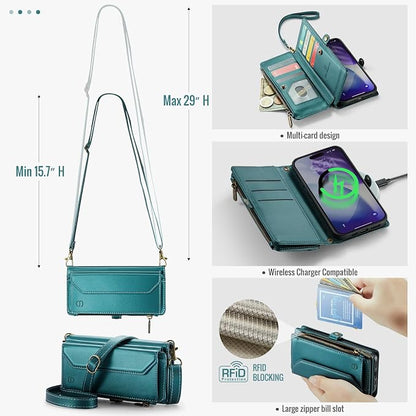 Strapurs Wallet Case Compatible with iPhone 17 Pro Max 6.9" RFID Blocking 10-Card Holder Soft PU Leather Magnetic Snap Shoulder Strap Zipper Pocket Phone Case Fit for iPhone 17 Pro Max - Blue Green