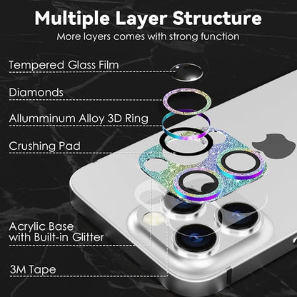 CloudValley Glitter Camera Lens Protector for iPhone 14 Pro / 14 Pro Max, 9H Tempered Glass [All in 1 Design], Case Friendly Anti-Scatch High Definition, GlitterColorful
