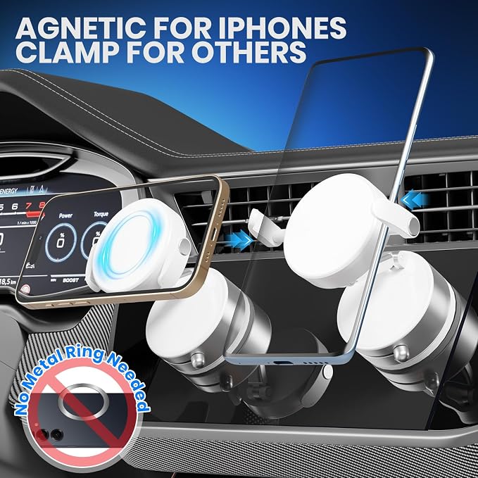 Upgraded 360° Adjustable Vacuum Magnetic Phone Holder, Vacuum Magnetic Suction Phone Mount with Clamp Foldable Phone Holder for Car/Gym/Mirror/Smooth Surface, Suitable with All Smartphones (White)