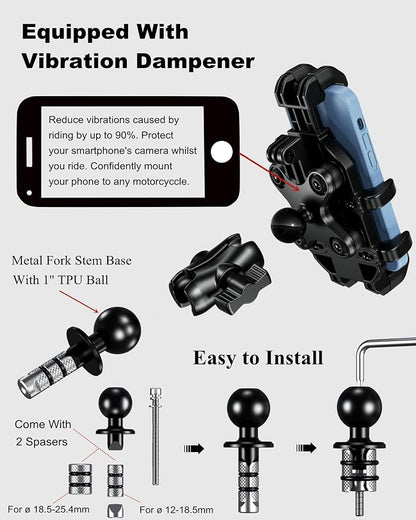 BRCOVAN Motorcycle Fork Stem Phone Mount Holder with Vibration Dampener, Heavy Duty Cellphone Cradle Fit Stem Tubes 12mm-25.4mm in Diameter, Adjustable for 5.4-6.9'' Smartphone