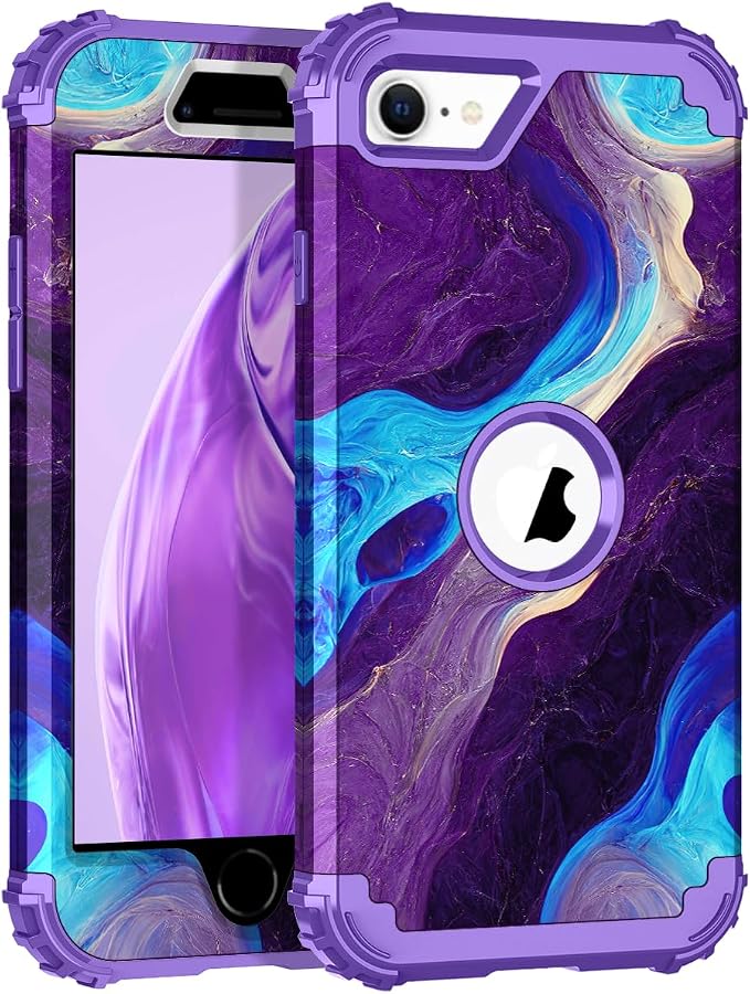 Hocase for iPhone SE 2022/2020 Case, Heavy Duty Shockproof Protection Hard Plastic+Silicone Rubber Hybrid Protective Case for iPhone SE 3rd/2nd Generation (4.7") - Blue Purple Marble