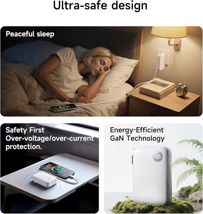 HOU 3 in 1 Portable Power Bank 10000mAh, 35W PD Fast Charging, Retractable USB-C Cable, Foldable Wall Plug, Dual Device Charging, FCC&UL Certified, Compatible with iPhone 17 Pro Max, Samsung, iPad