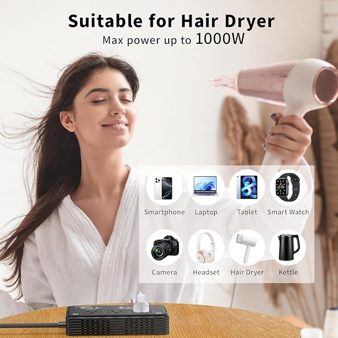 2000W Voltage Converter US to Europe for Hair Dryers, 7-in-1 220V to 110V Converter for European Travel with 3 AC/2 USBA/2 USBC Ports, Power Converter Adapter Combo with Type G/C/I/L Plugs