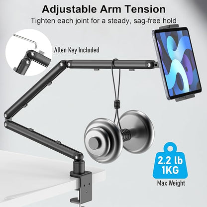 iPad Holder for Desk, Adjustable Tablet Arm iPad Desk Mount with C-Clamp, 30" Foldable Long Arm & 360° Rotation, Fits 4.7"–15.6" i Pad Pro/Air/Mini, Phones & 15.6" Portable Monitors for Desk/Bed Use