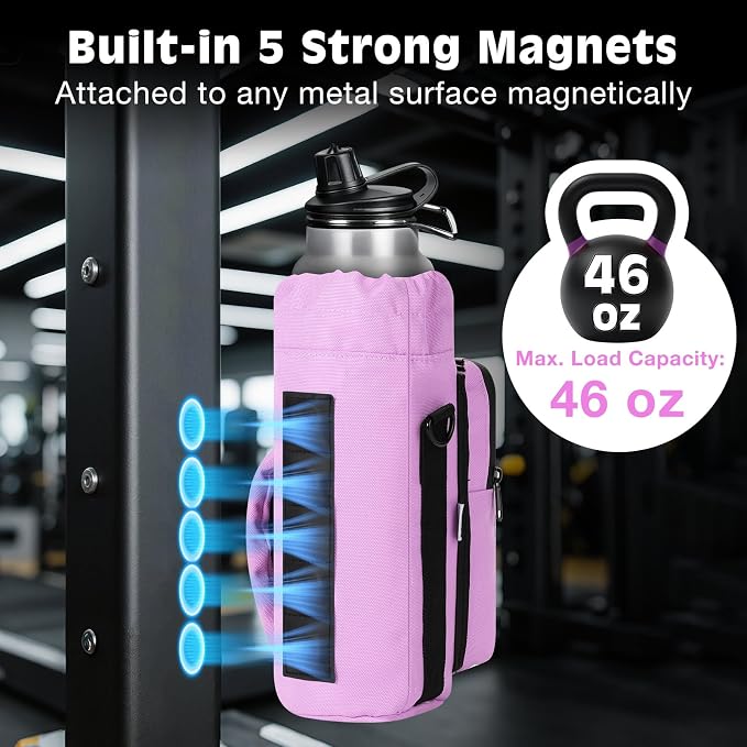 MoKo Magnetic Gym Bag, Magnetic Water Bottle Holder with Clear Phone Pouch, Built-in 4 Magnets Fitness Bag for Men and Women Compatible with Most Water Bottles, Gym Accessories Gifts, Purple