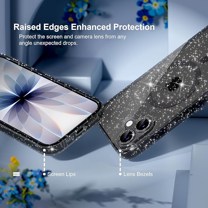 Choiche Magnetic for iPhone 17 Case Compatible with MagSafe, Women Cute Glitter Sparkly Phone Case with Diamond Camera Lens Protectors, Military-Grade Drop Protection 6.3" (Black)