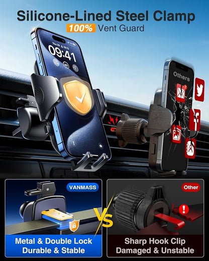 VANMASS 2026 【True Military-Grade】 Phone Holders for Your Car 【90 LBS Strongest Suction & Clip】 Ultimate Cell Phone Mount Dashboard Window Vent for iPhone 16 Pro Max 15 14 13 Samsung Android