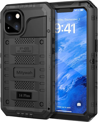 Mitywah Waterproof Case for iPhone 14 Plus, Heavy Duty Shockproof Case with Built-in Screen Protector, Full Body Underwater Protective Metal Case 6.7 inch, Black