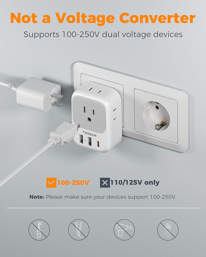 TESSAN 2 Pack Type E F Plug Adapter, Schuko Plug | 3 USB Charger (1 USB C PD 20W), 4 Outlets, Germany France Power Travel Adaptor