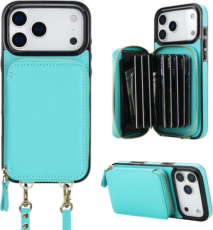 Bocasal Crossbody Wallet Case for iPhone 17 Pro Max, RFID Blocking Leather Purse Case with Card Holder, Protective Handbag Flip Cover with Zipper Wrist Strap Lanyard for Women 5G 6.9 Inch (Mint Green)