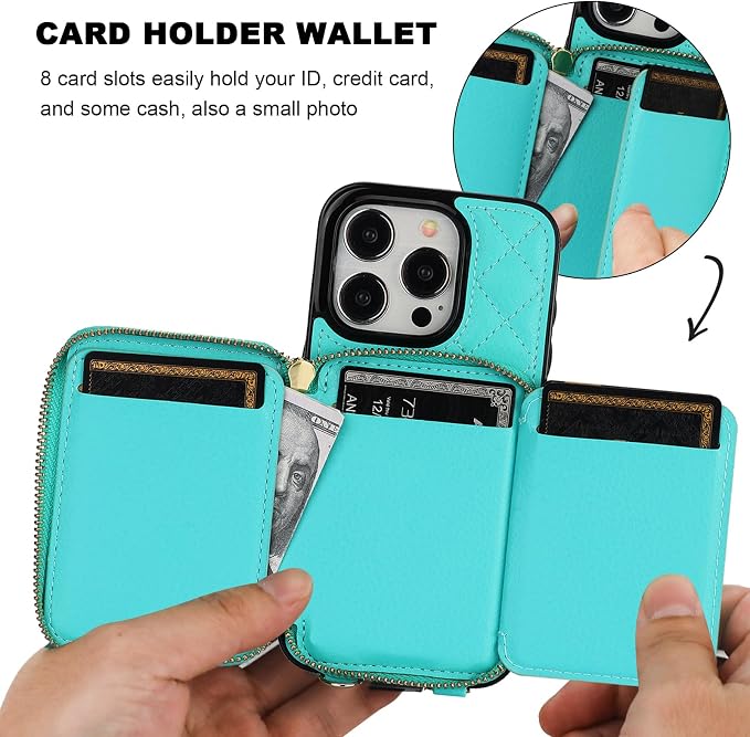 Bocasal Crossbody Wallet Case for iPhone 15 Pro, RFID Blocking PU Leather Zipper Handbag Purse Flip Cover, Kickstand Folio Case with Card Slots Holder Wrist Strap Lanyard 5G 6.1 Inch (Mint Green)