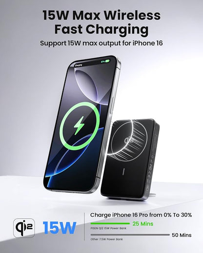 PISEN 3C Mag-Safe Power Bank - 10000mAh (5000mAh*2) Qi2 Mag-Safe Portable Charger 30W 3C Certified Qi2 Power Bank with Stand Airplane Safe Magnetic CCC Travel Portable Charger for iPhone 17/16/15/14