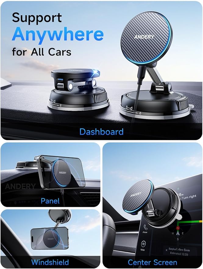 ANDERY Only for iPhone Magsafe Car Mount Charger [15W Wireless Faster Charging, 78+LBS Strongest Suction, 2400gf Strongest Magnetic] 360° Adjustable Car Phone Holder, Phone Holders for Your Car, Black