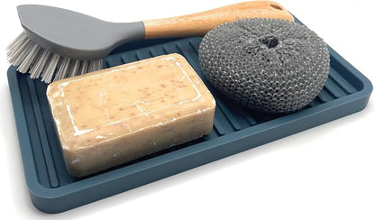 Happitasa Silicone Kitchen Sink Organizer Tray, Sponge Holder and Countertop Protector | Bathroom and Kitchen Soap Dish and Dispenser Tray (Smoky Blue, 10"x5.25", 10.4 Ounces)