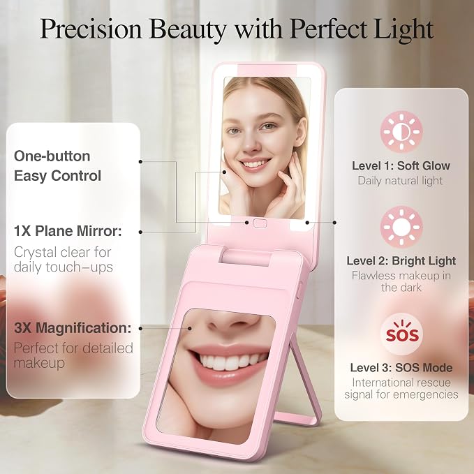 Magnetic Wireless Power Bank 5-in-1, 5000mAh Portable Charger with LED Mirror, Phone Stand, Card Holder & Bluetooth Remote, 20W Fast Charging for iPhone & Android, Travel Essential for Women