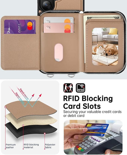 OCASE Compatible with Samsung Galaxy S26 Ultra Crossbody Wallet Case with Card Holder, PU Leather Zipper Handbag Phone Purse with RFID Blocking Kickstand Wrist Strap Lanyard, Khaki