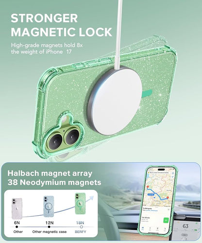 BERFY for iPhone 17 Case for Women, Clear Glitter Shockproof Protective Case, Anti-Yellowing, with Screen Protector & Camera Lens Protector 6.3", Magnetic Sparkle Green