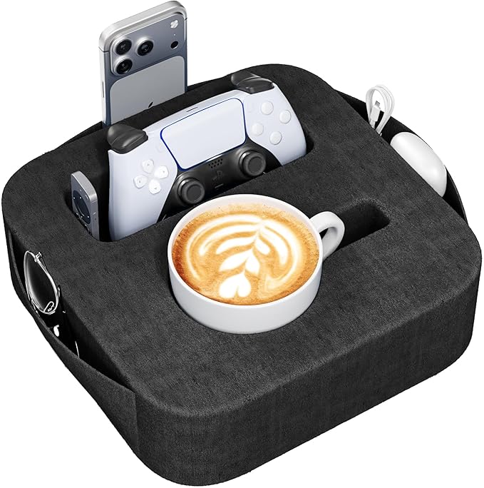 Couch Cup Holder Pillow, Couch Caddy for Drink, Snack, Phone, Remote, Game Controller, Removable and Washable Cup Cozy Pillow, Small Sofa Cup Holder Tray for Bed, Car, Desk, Sofa, Black