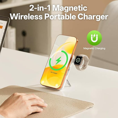Q Magnetic Wireless Portable Charger 10,000mAh, Travel Essentials Power Bank with Built-in Cables & Foldable Stand, External Battery Pack Compatible with iPhone 17/16/15/14/13/12, Apple Watch