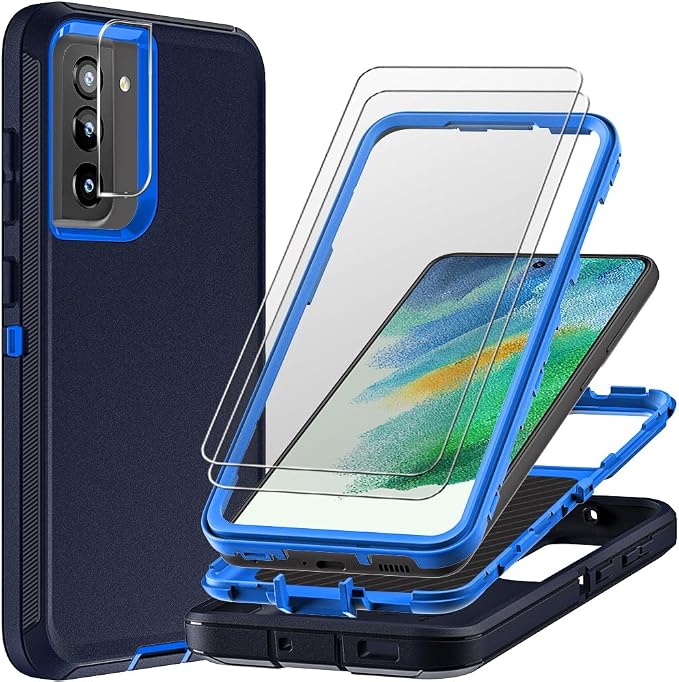 for Samsung Galaxy S21 FE Case with 2Pcs Screen Protector and 1Pcs Camera Lens Protector, Military Grade Heavy Duty Shockproof/Drop Proof/Dust Proof Case (Navy Blue)