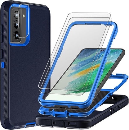 for Samsung Galaxy S21 FE Case with 2Pcs Screen Protector and 1Pcs Camera Lens Protector, Military Grade Heavy Duty Shockproof/Drop Proof/Dust Proof Case (Navy Blue)