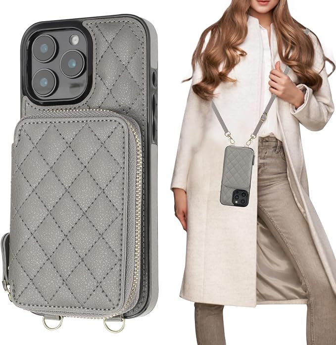 Bocasal Crossbody Wallet Case for iPhone 16 Pro Max, RFID Blocking PU Leather Zipper Handbag Purse Flip Cover, Kickstand Folio Case with Card Slots Holder Wrist Strap Lanyard 5G 6.9 Inch (Grey)