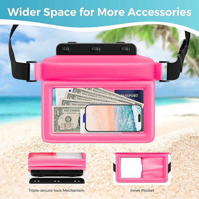 JOTO Large Floating Waterproof Phone Pouch with Adjustable Waist Strap, Water Proof Fanny Pack Dry Bag Wallet for Cellphone Passport Watch and Valuables, Beach Essential for Swimming Snorkeling -Pink