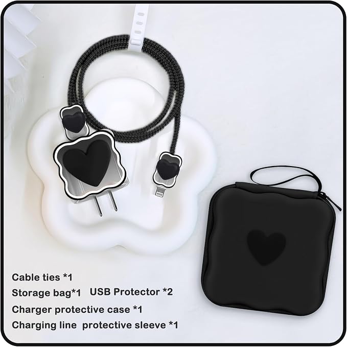CameCosy DIY Phone Charger Case Storage Sets Cable Protector Earphone Wire Saver with Wave Travel Storage Bag, Cute Cable Charger Protector Cord Organizer for iPhone (Black Love Heart)