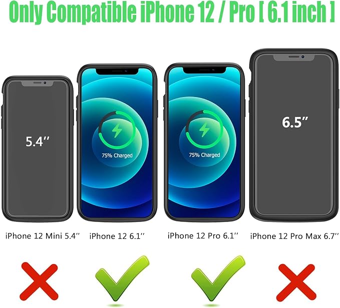 Battery Charging Case for iPhone 12/12 Pro, 10000mAh High Capacity Portable Protective Battery Case Wireless Charging Compatible with iPhone 12/12 Pro (6.1 inch) Extended Battery Charger Cover(Black)