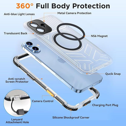 WIFORT for iPhone 16 Waterproof Case, [IP68 Underwater] [Blue Light Filter Lens] [15FT Military Shockproof], Fit for Magsafe Full Body Magnetic Frosted Phone Case with Lanyard, 6.1" Black