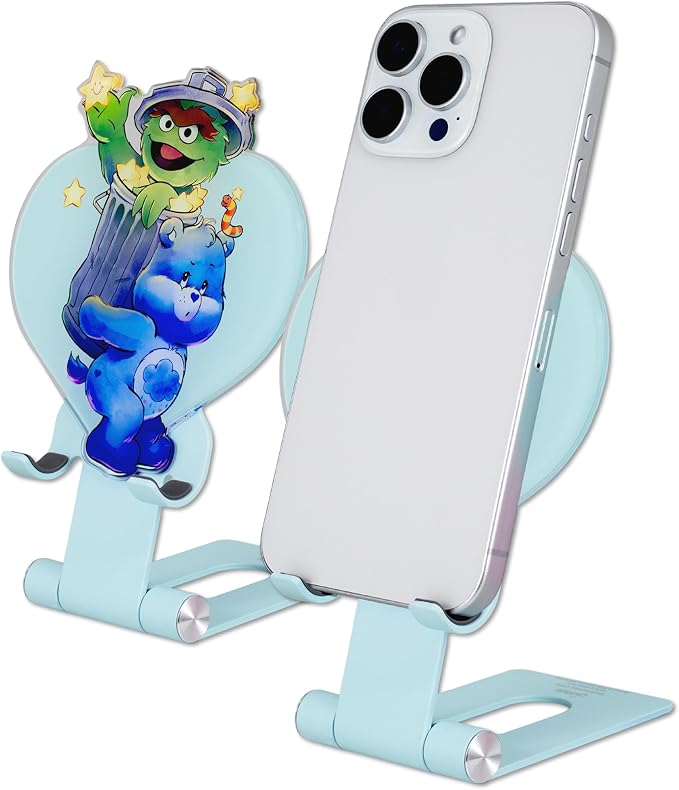 Sonix Character Phone Stand | Adjustable Cell Phone Holder, Desk Stand, Dock | Care Bears x Sesame Street Blue | Grumpy Bear & Oscar the Grouch