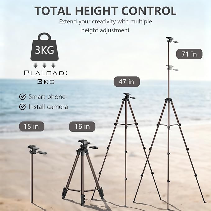 71" Camera Tripod,Lightweight Aluminum Phone Tripod with Wireless Remote, Phone Holder & Carry Bag, Portable Travel Camera Stand for Smartphones Canon Nikon DSLR Cameras, Max Load 6.6 lb (Rose Gold)