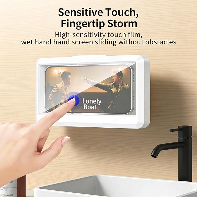 Shower Phone Holder Waterproof,Anti-Fog High Sensitivity Universal Cover Mount Stand for Bathroom Wall Mirror Bathtub Kitchen, Gift for Men Women (White)