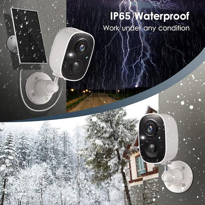 GMK Solar Security Camera Wireless Outdoor, with Solar Panel 2K Color Night Vision Motion Detection 2-Way Talk Battery Powered 3MP WiFi Home Indoor Camera IP65 Weatherproof Cloud/SD Storage