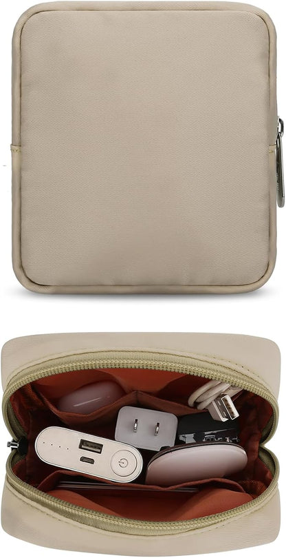 Tech Organizer Pouch, Small Multi-Pocket Electronics Case (Khaki) | Water-resistant nylon, foam padding, metal zipper, travel cable bag for charger, power bank, earbuds, SD cards and USB cables