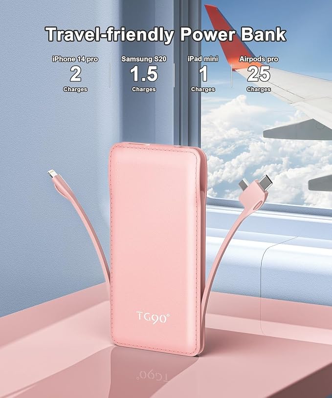 TG90° 10000mah Portable Charger Power Bank with Built-in Cables(No AC Plug),Travel Essentials Battery Pack with Cords Portable Phone Charger Compatible with iPhone and Android Smart Devices