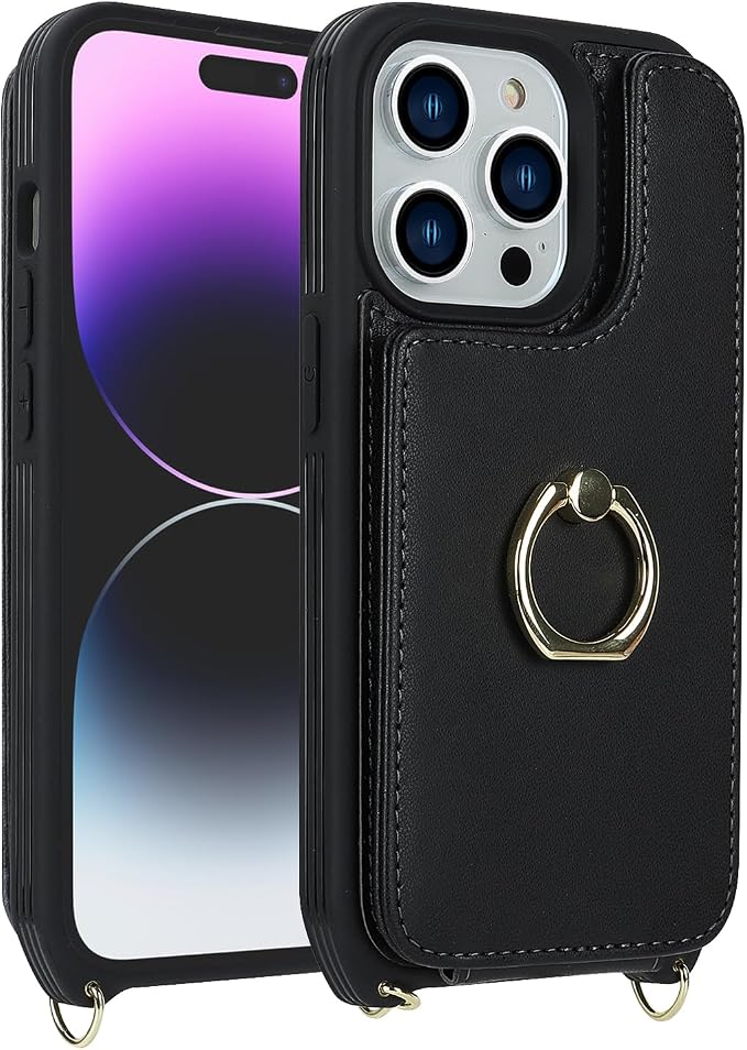Lipvina for iPhone 14 Pro Max Case with Card Holder for Women,Phone Case with Strap,Crossbody Lanyard,Ring Stand,Snap Clasp,Cute Wallet Cases 6.7" (Black)