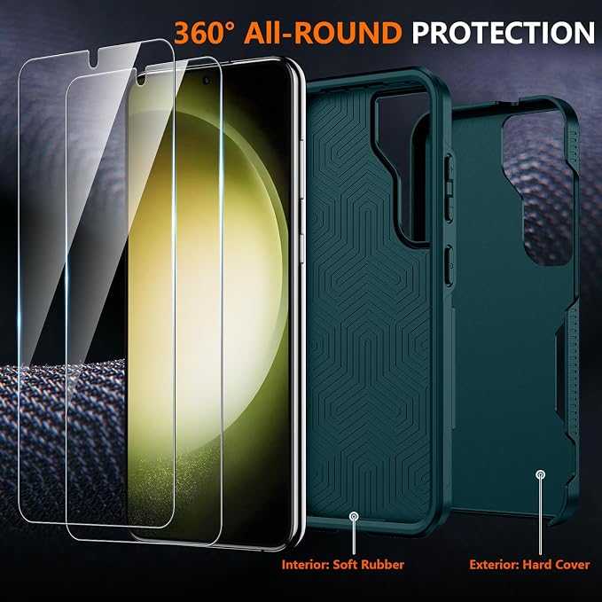 SPIDERCASE Designed for Samsung Galaxy S23 Case, [10 FT Military Grade Drop Protection], 2 Pack [Tempered Glass Screen Protector+Camera Lens Protector] Heavy Duty Shockproof Case, Dark Green